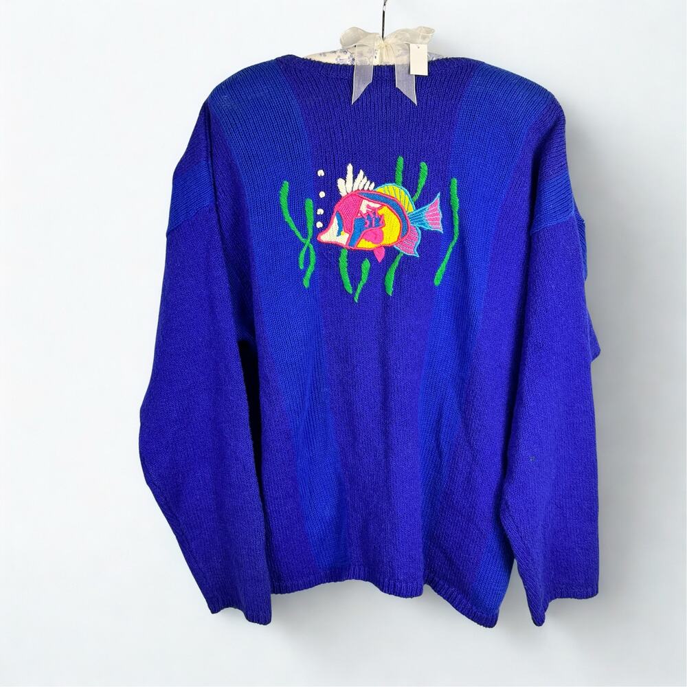 Vtg PBJ Sport Cardigan Sweater Embroidered Ocean Fish Sz S/P Quirky 90s Kidcore - Picture 2 of 16